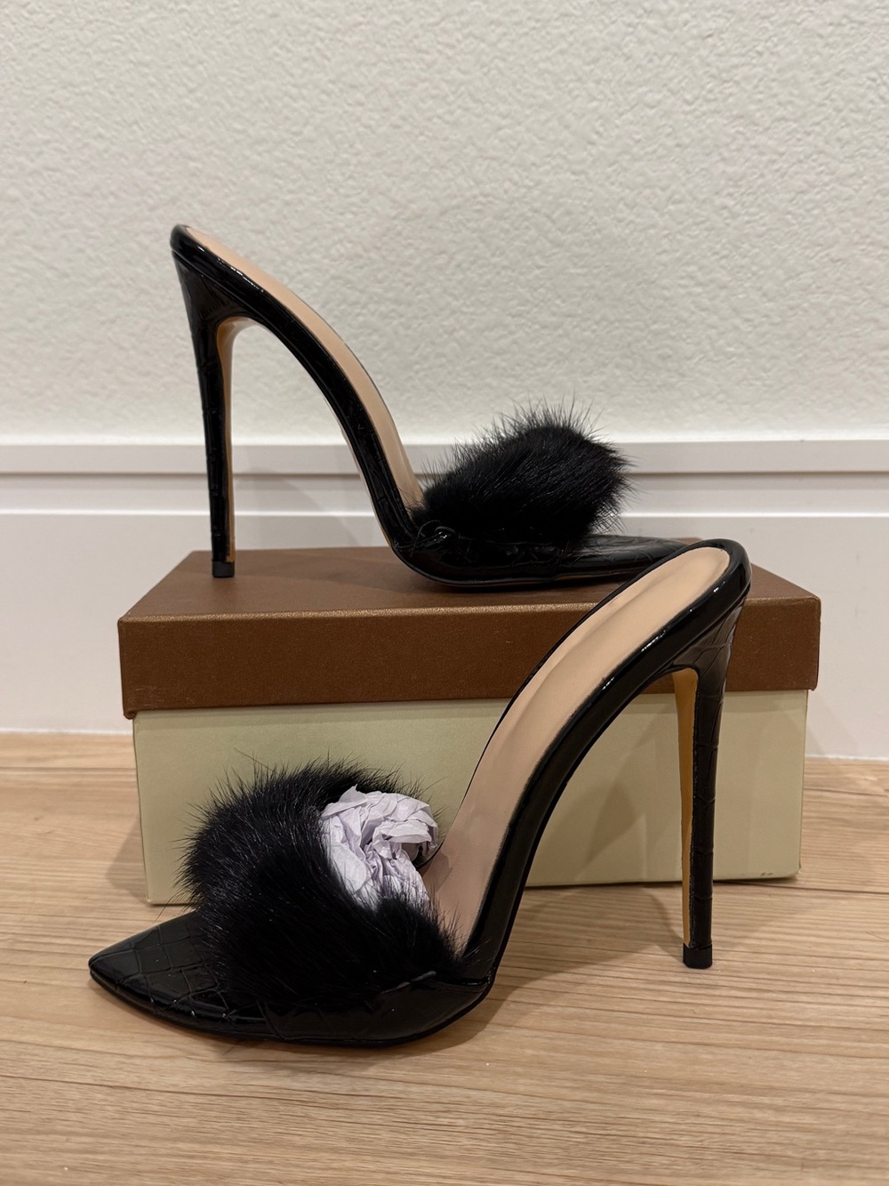 Black Fur-Trim High Heel Mule
